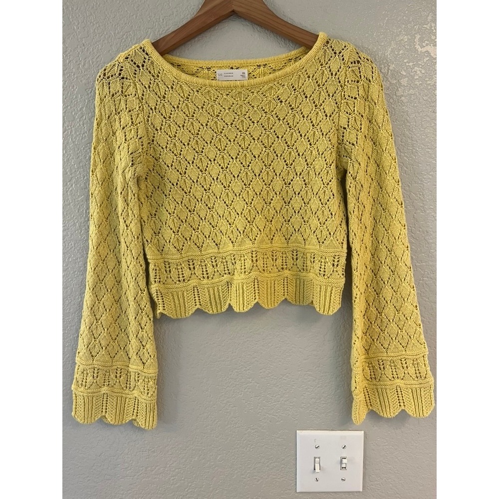 LC Lauren Conrad Yellow Pointelle Knit Cropped Sweater Scallop Bell Sleeve XS